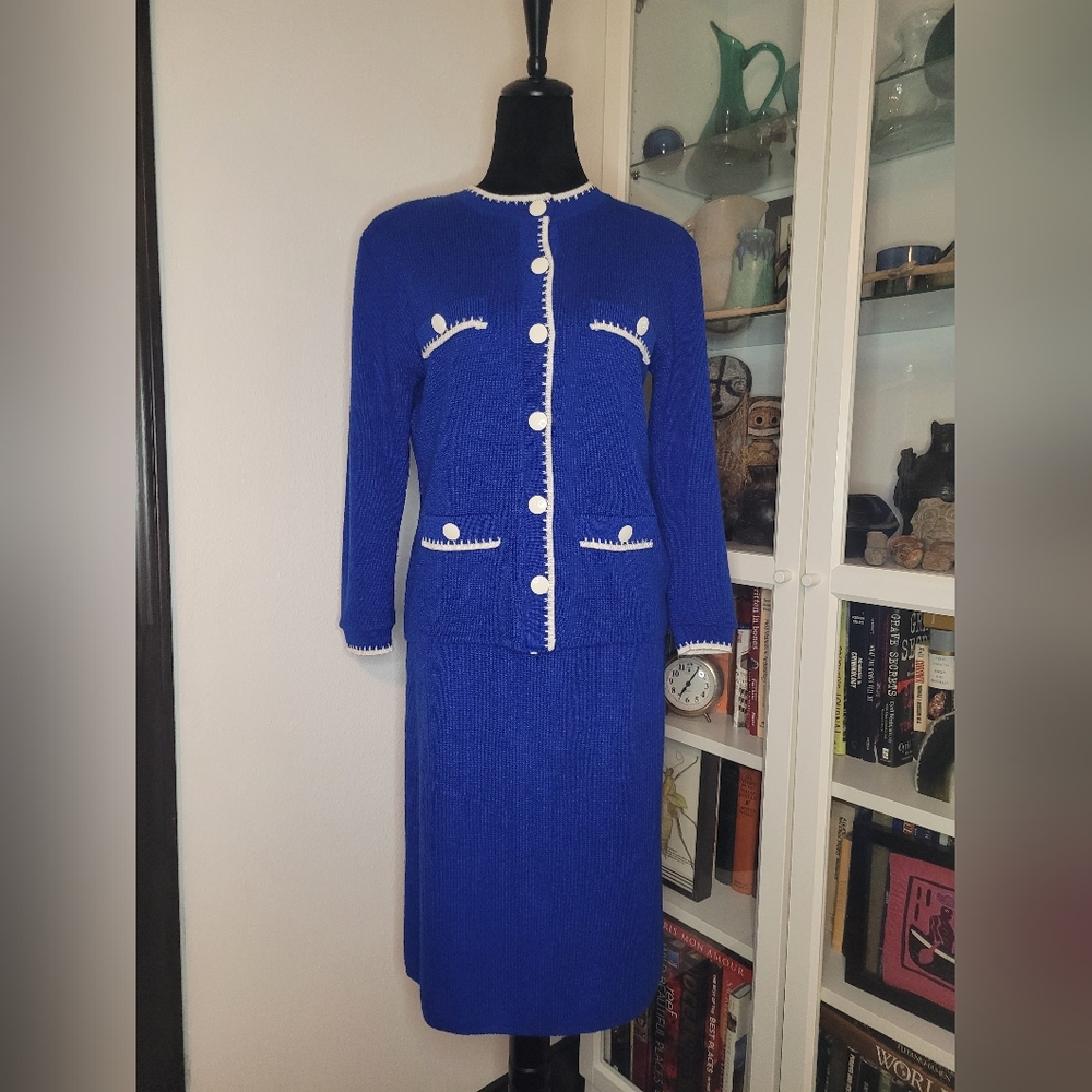 Vintage Neiman Marcus Ami Knits Cardigan Sweater Skirt Suit Set Blue White S 6